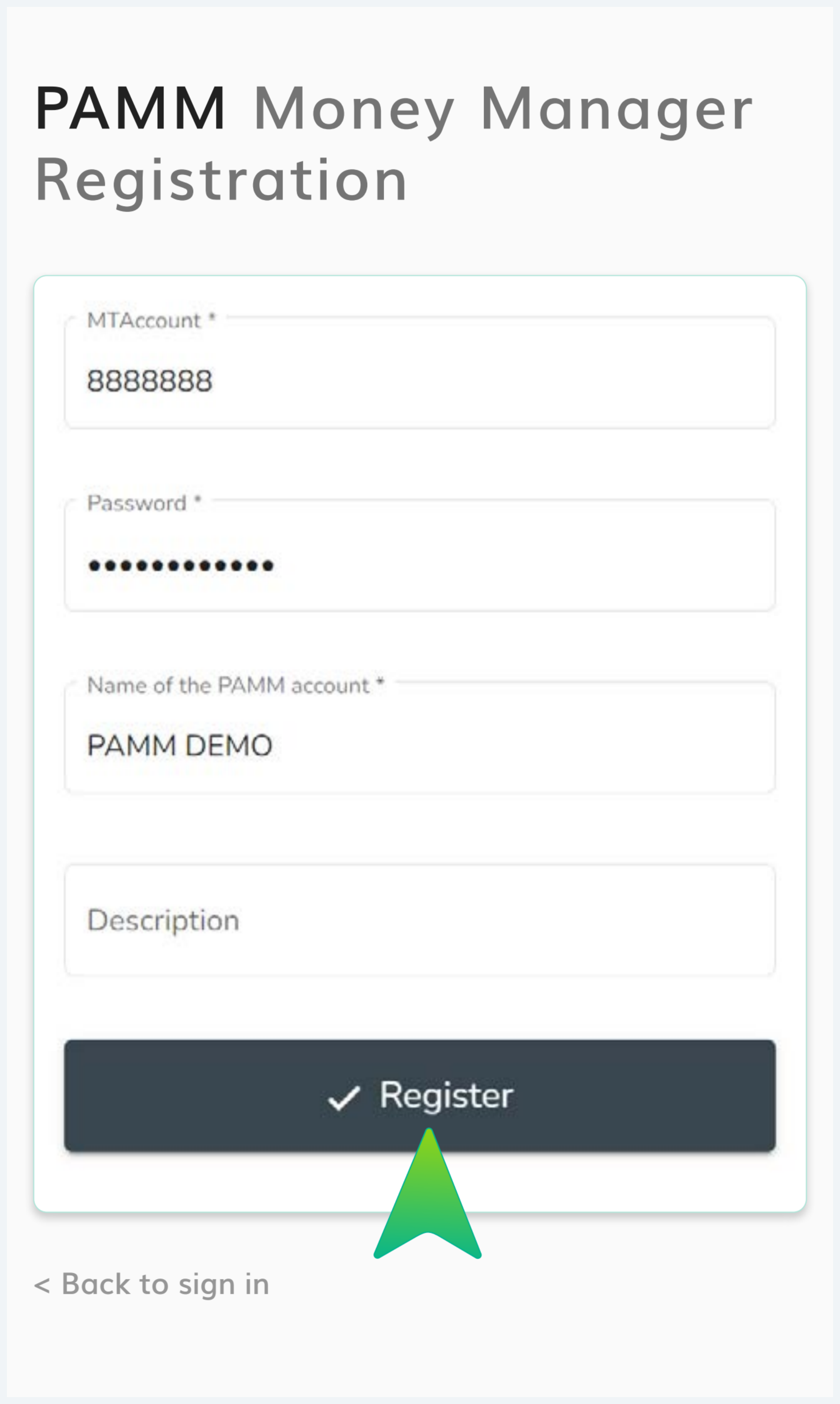PAMM Money Manager Registration form